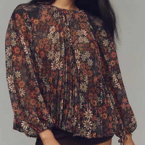 FARM Rio / Anthropologie Long Sleeve Sheer Pleated Floral Print Blouse XS. NWT - Picture 2 of 8